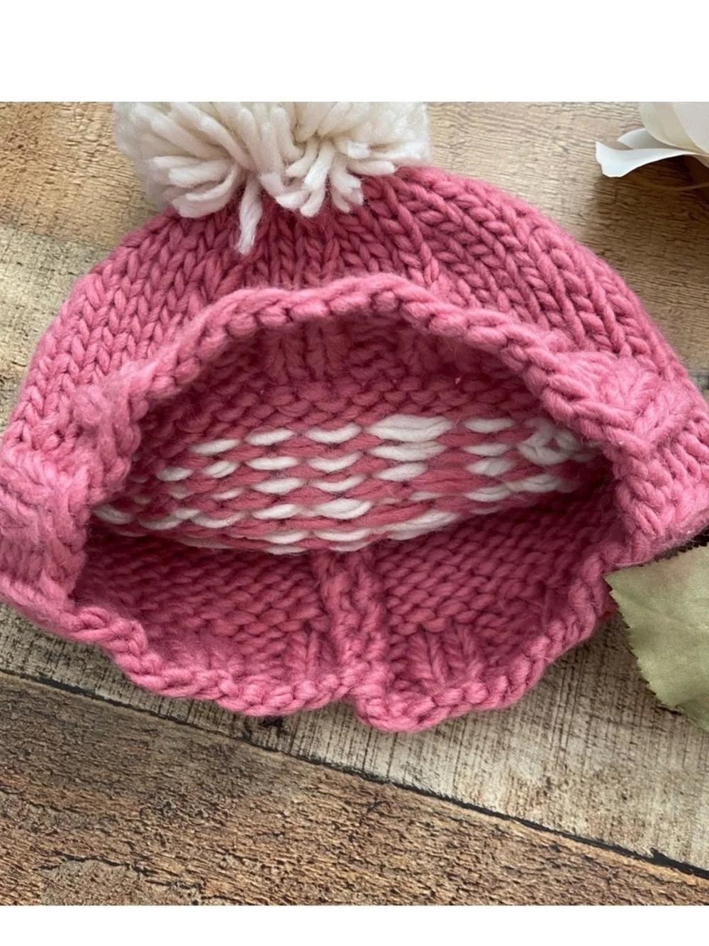 Beanie Hats (2) Hand Knit Cozy 2 HATS INFANT + Toddler Pom Pom Valentines Day